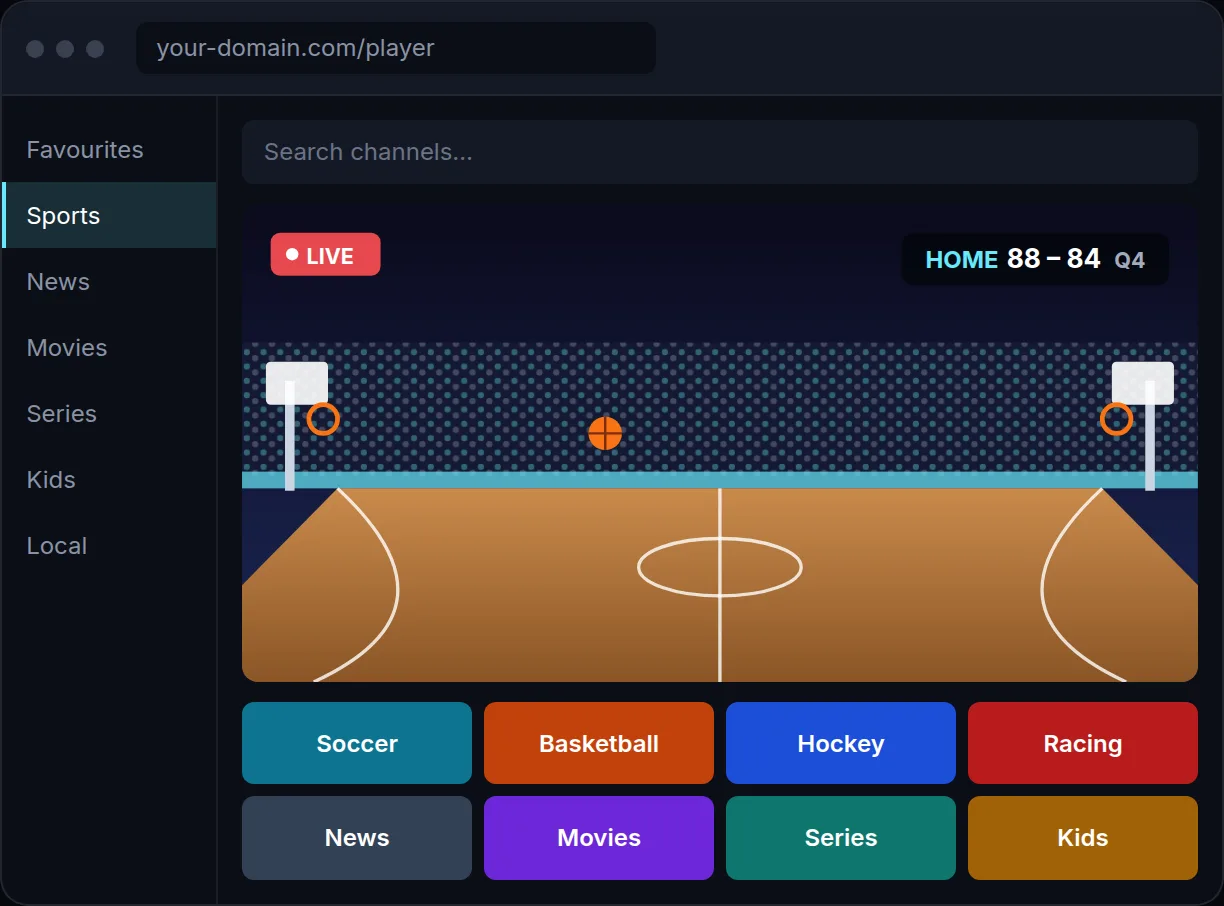 Gamma IPTV web player in the browser with channel search, live sports and categories